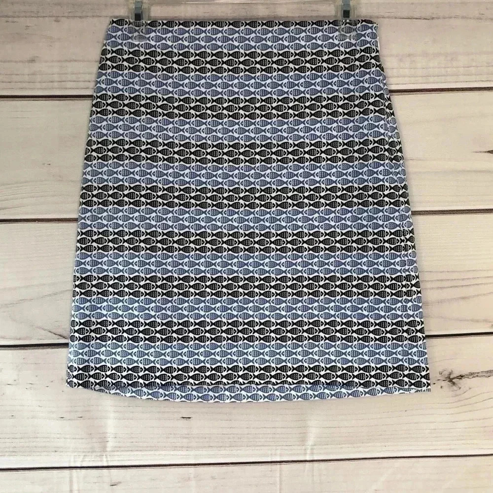 Talbots Fish Print Skirt Women 2P Blue Nautical Cotton Blend Straight Mini